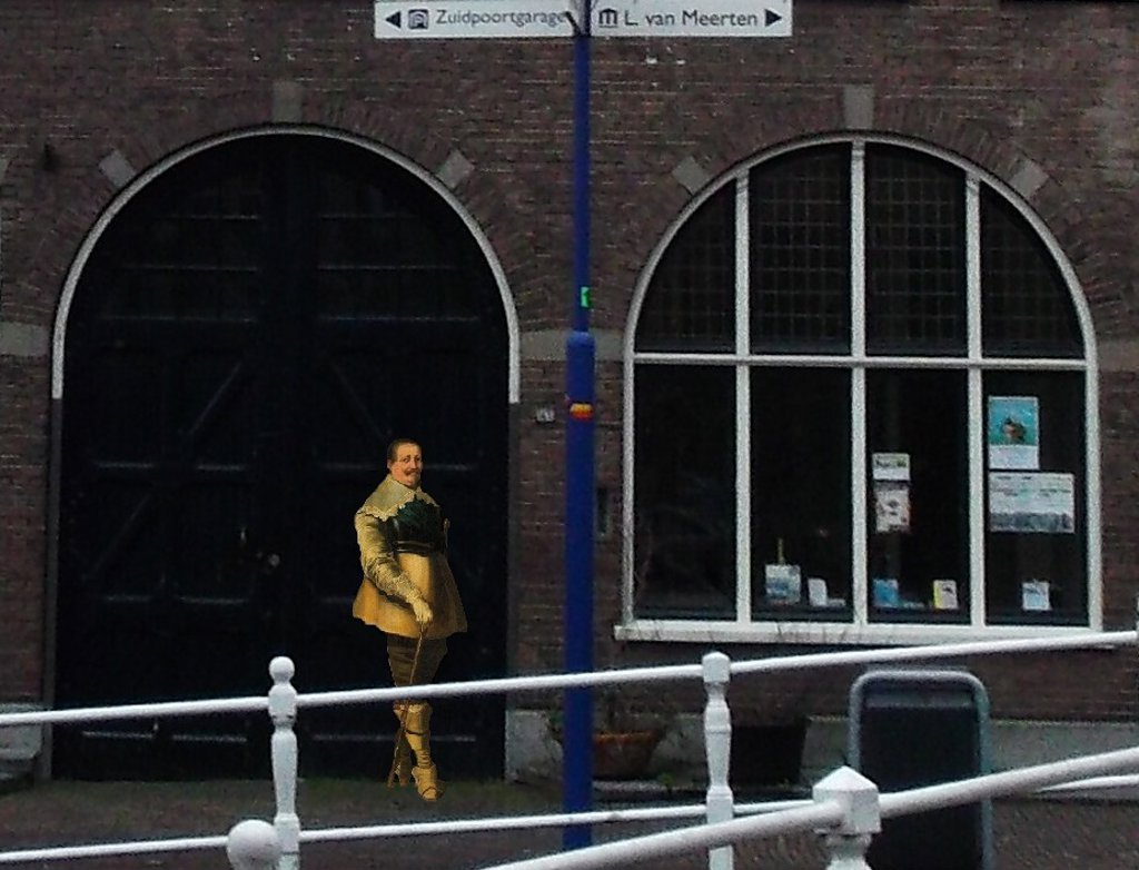 Piet Hein op de plek waar ooit zijn woning stond; aan de Oude Delft (heden nr.171) (Door: Jeroen Stolk)
