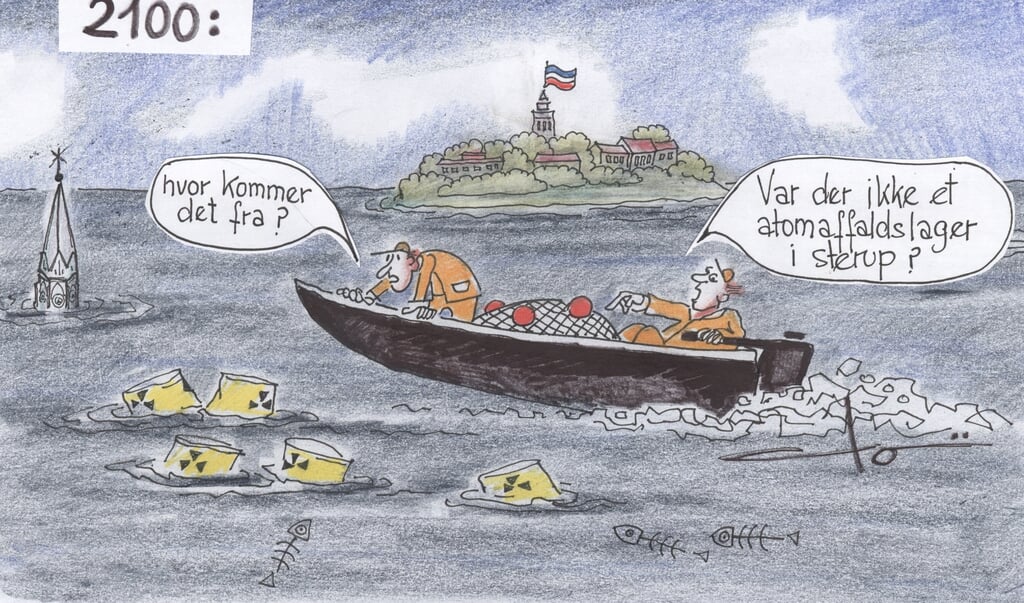 <p><br></p><p><br></p> (Tja... Ikke alene er vandstanden i verdenshavene steget et par meter om 80 år, hvis man skal tro eksperterne ... man ved heller ikke, hvad der flyder rundt i vandet. Hvis Sterup eller andre smukke steder i Sydslesvig skal bruges som atomlager, så husk at grave det rigtig dybt ned ... Tegning: Dorsi Doi Germann. Tekst: Sydslesviganonymus)
