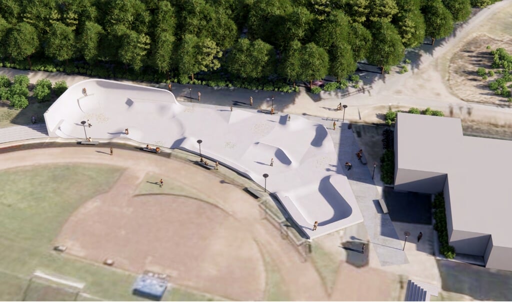Sådan skal den første del af skateparken se ud. De ansvarlige håber, at byggearbejdet kan gå i gang i april 2021. (Illustration: Glifberg og Lykke)