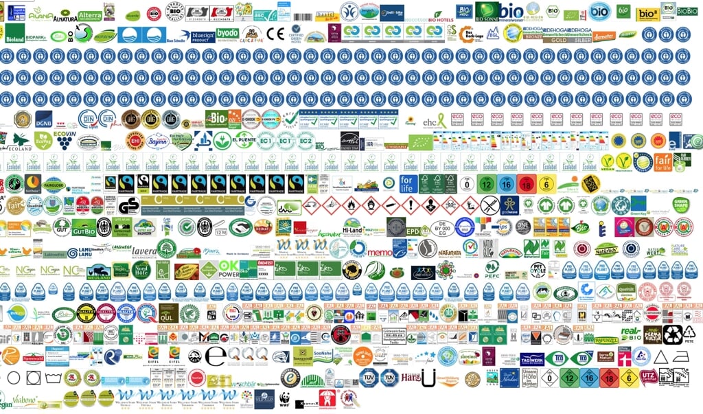 <p>Tyske hjemmesider som label-online.de og siegelklarheit.de informerer forbrugeren om de forskellige mærker. På denne grafik har forbrugeren mulighed for at klikke på hvert enkelt logo for at finde yderligere informationer. At nogle logoer, f.eks. Den blå Engel, dukker op mange gange, skyldes, at hvert enkelt ikon står for en bestemt produktgruppe. </p> (Grafik: Screenshot FlA)
