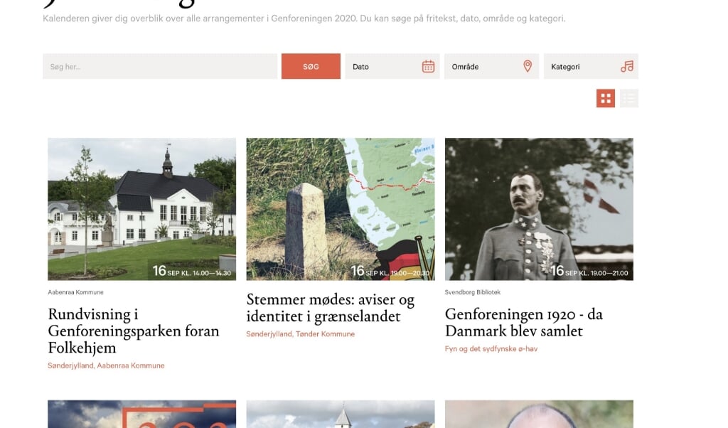 Der er her i efteråret fuld gang i arrangementerne i anledning af Genforeningen, kan man se på hjemmesiden genforeningen2020.dk. Screenshot (FlA)