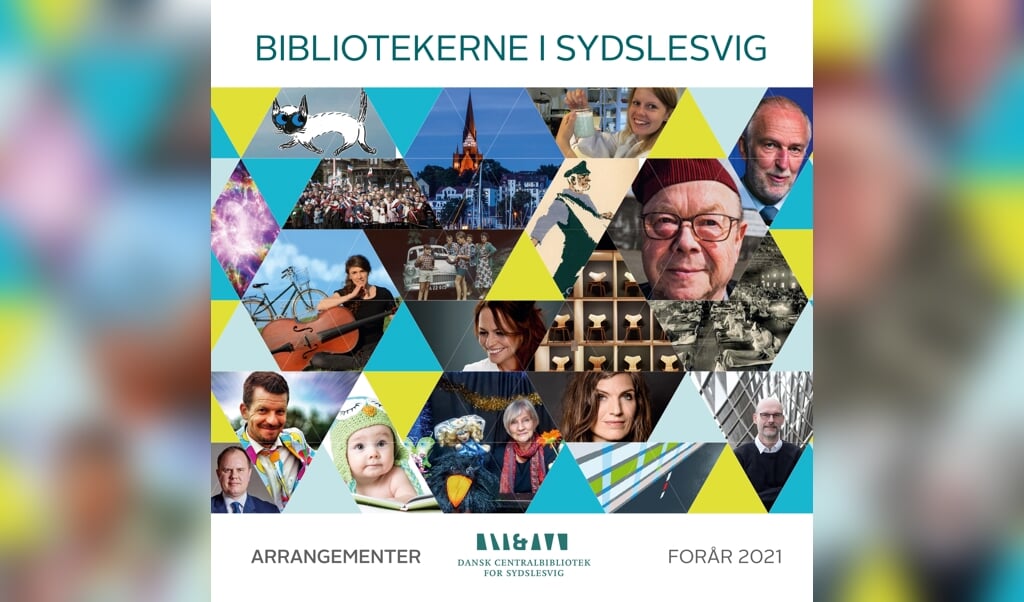 Forsiden af Centralbibliotekets forårsprogram viser bl.a. nogle af de foredragsholdere, der er inviteret til Sydslesvig. (DCBib)