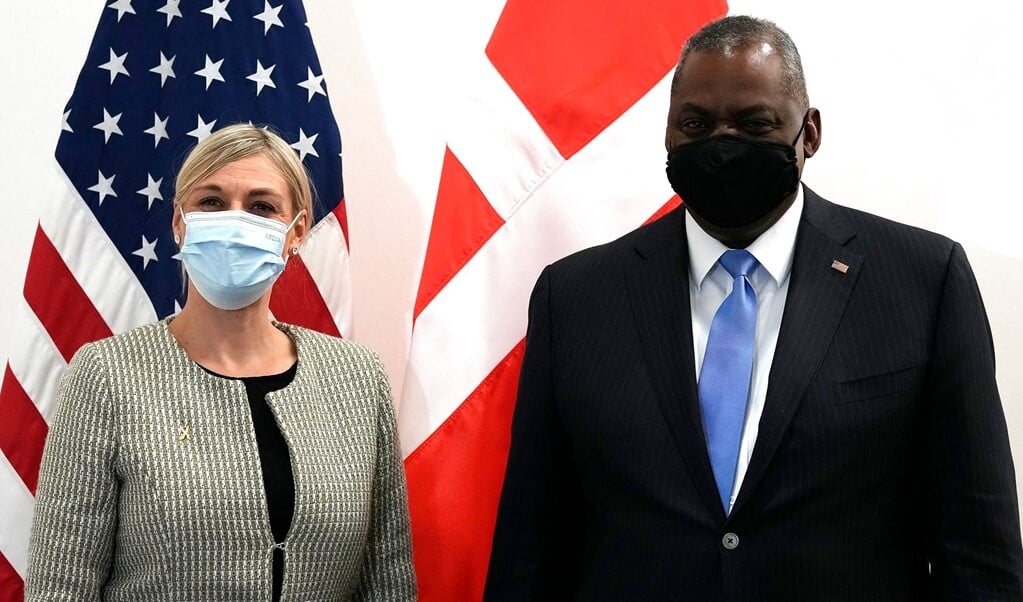 Forsvarsminister Trine Bramsen har torsdag formiddag haft et bilateralt møde med den amerikanske forsvarsminister, Lloyd Austin. (Virginia Mayo / POOL / AFP)
