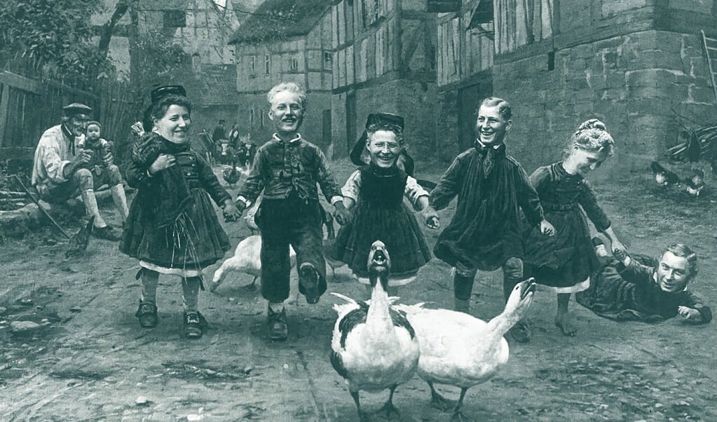 Familien Sies glade søskendeflok indkopieret på Böcklins billede »Landsbybørnene« fra 1908. Foto  (fra bogen)