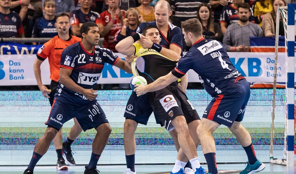 Mads Mensah Larsen (v. l.), Simon Hald und Johannes Golla überragten gegen Berlin. ( Lars Salomonsen)