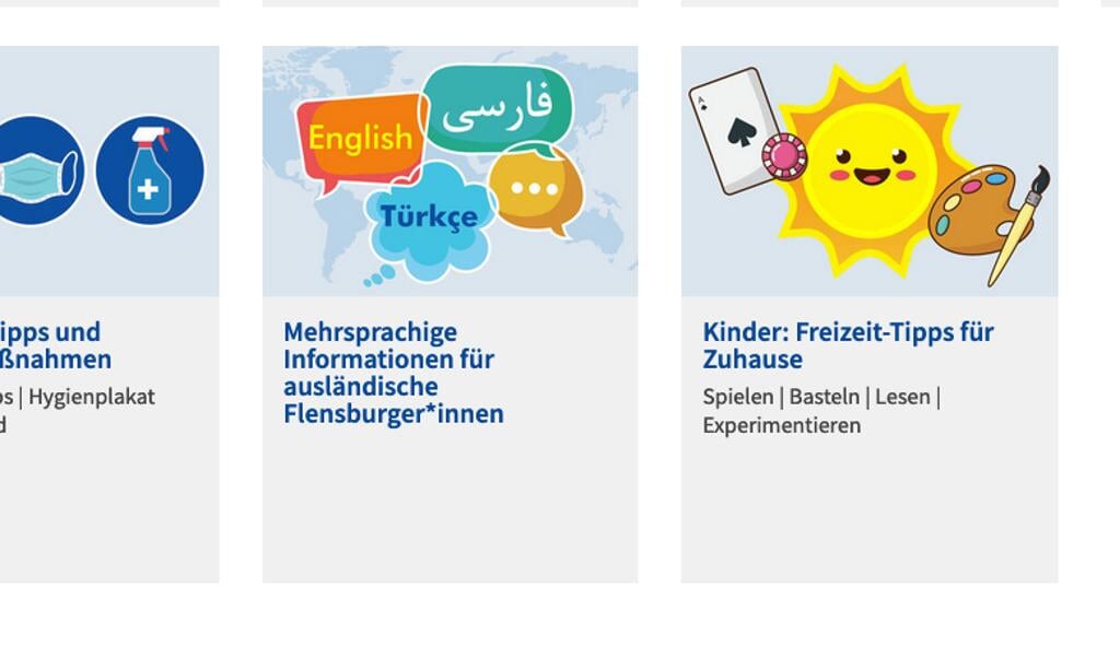 På www.flensburg.de kan man under »Corona Portal« finde informationer på mange forskellige sprog.  ( Screenshot)