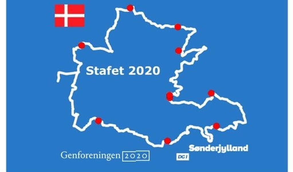 Planen var ni store events rundt omkring i Sønderjylland, hvor Genforeningsstafetten kom forbi. Eventsene er aflyst og bliver til en digital begivenhed, men DGI Sønderjylland og styregruppen bag stafetten håber stadig at kunne løbe Sønderjylland rundt med depechen og samle historisk materiale, som først må åbnes om 100 år. ( Grafik: DGI Sønderjylland, JydskeVestkysten)