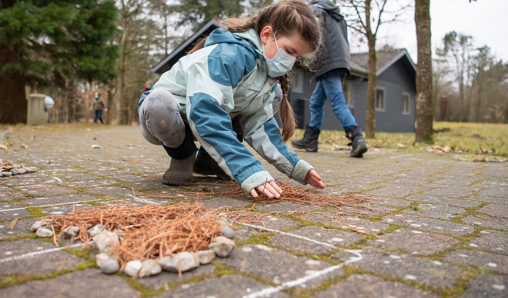 Skole på Tydal: I matematikundervisningen om spejlning er Ronja ved at bygge anden halvdel af et billede af naturmaterialer. ( Kira Kutscher)