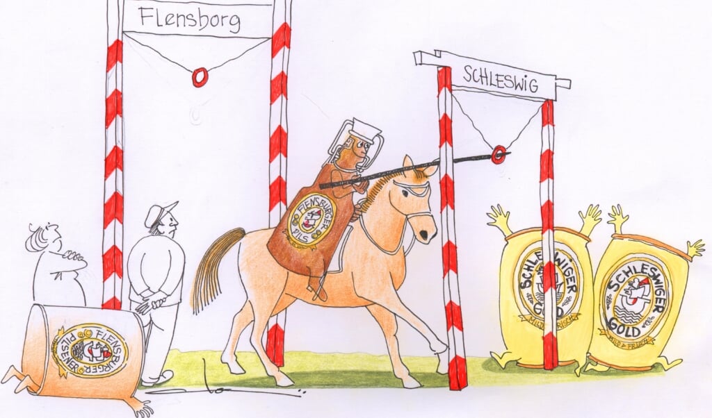 Flensborg mistede et lille stykke af sin identitet, da Flensburger Brauerei forleden besluttede at forlægge et nyt stort lager til Slesvig. Bryggeriet blev træt af at vente på det endelige ja til at kunne bygge i Flensborg. (Tegning: Dorsi Doi Germann. )