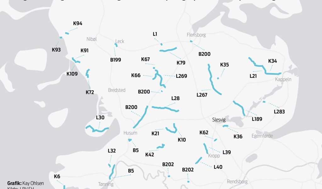Regeringen investerer 46,2 millioner euro i landeveje, broer og cykelstier i Sydslesvig. (Grafik: Kay Ohlsen)