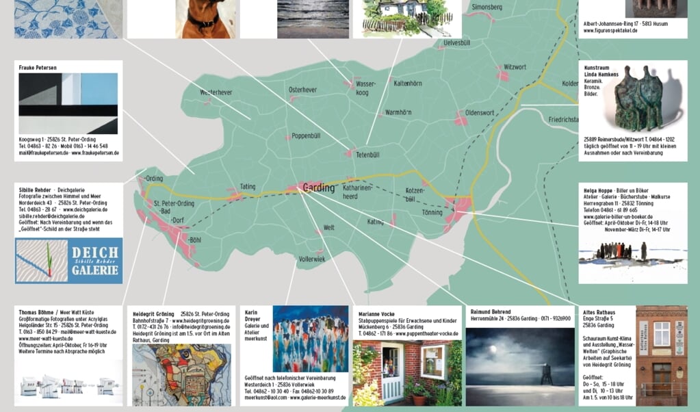 Die Karte zeigt, wo überall man auf Eiderstedt am 1. Mai Ateliers und Galerien besichtigen kann. Grafik: (FKE)