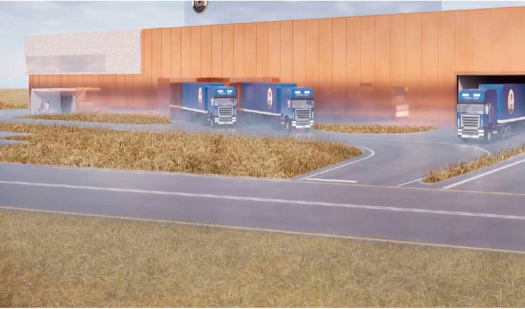 So oder so ähnlich könnte das neue Logistikzentrum der Flensburger Brauerei im Gewerbepark Schleswig-Schuby aussehen. Grafik: (Flensburger Brauerei)