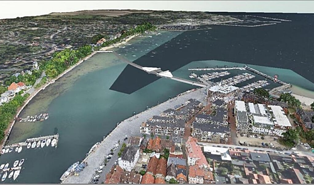 Omtrent sådan kommer den store dæmning tværs over fjorden til at se ud. Grafik: (Stadt Eckernförde/Ingenieurbüro Dr. Lehners + Wittorf)