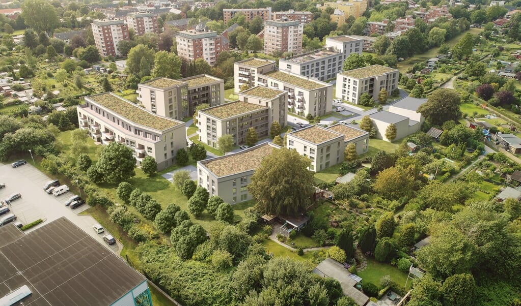 Rund 175 Wohnungen sollen im neuen Wohngebiet Mumm'sche Koppel beim Flensburger Campus entstehen. (Visualisierung (2019): Architekturbüro Matthias Bleich)