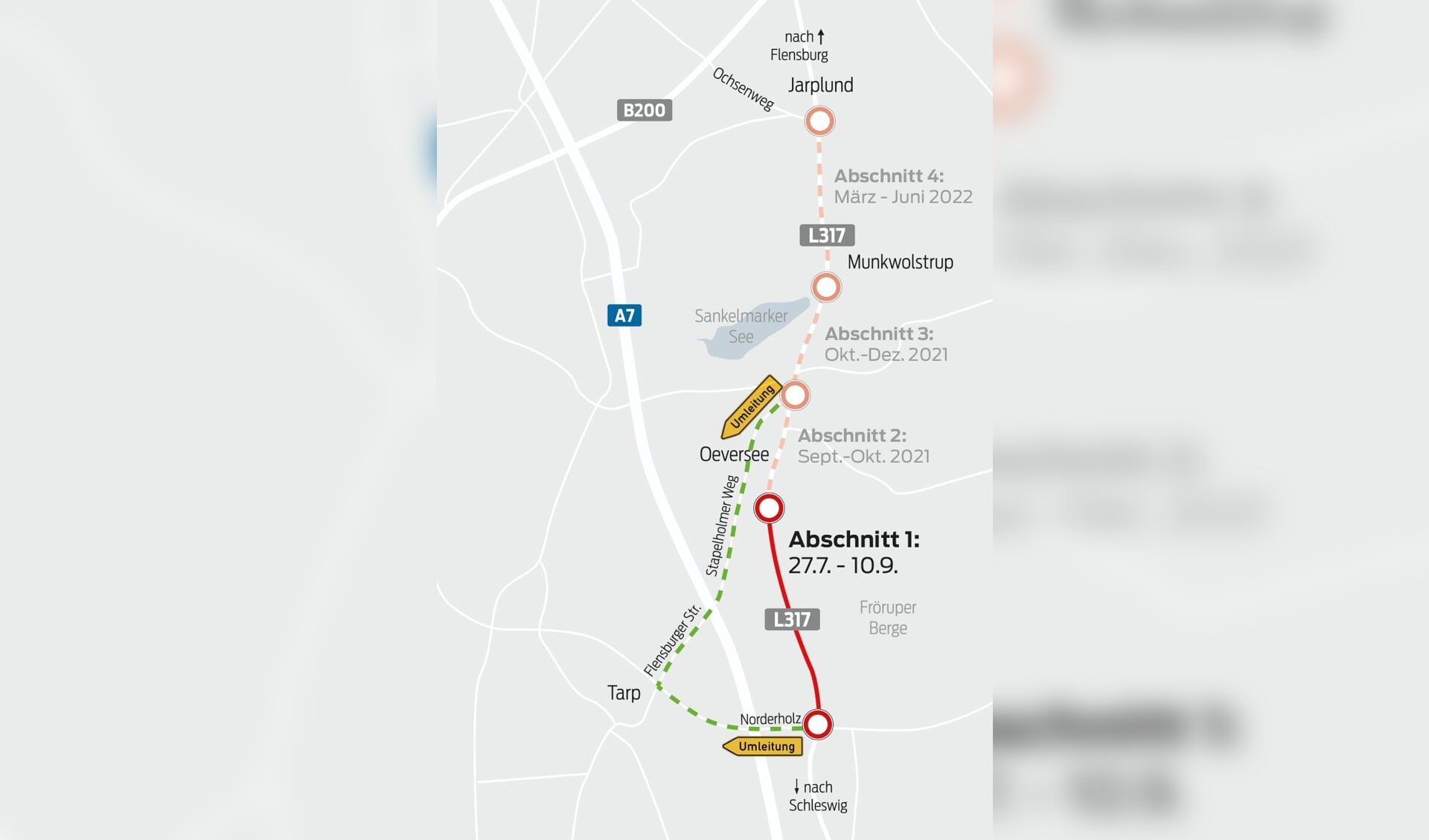 Die L317 wird vom kommenden Dienstag an bis voraussichtlich Sommer 2022 zwischen Süderschmedeby und Jarplund erneuert. Grafik: