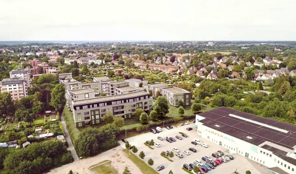 Billedet er taget fra en præsentationsvideo, som viser, hvordan nybyggerierne på Mumm'sche Koppel skal se ud. I forgrunden ses svømmehallen Campusbad. (Screenshot)