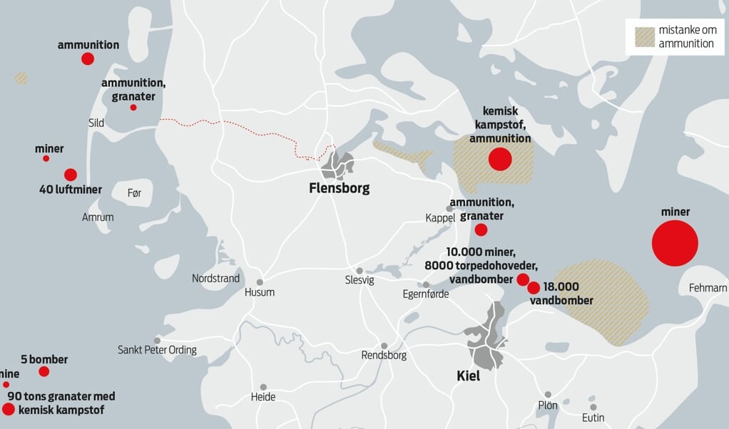 I både Nordsøen og Østersøen ligger der godt 1,6 millioner ton bomber, miner, granater og andet krigsammunition fra begge verdenskrige. På kortet ses både de områder, hvor der med sikkerhed ligger ammunition, og områder med mistanke om dette. Kilde: AmuCad.org og Munitionsbelastung der deutschen Meeresgewässer (Grafik: Eyla Boysen)