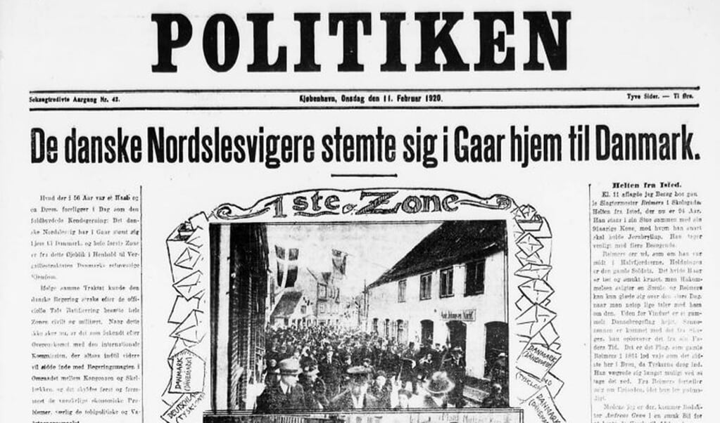 Billedet på denne forside af Politiken 11. februar 1920 har en dramatisk forhistorie. (Museum Sønderjylland)