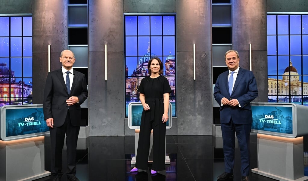 For sidste gang mødtes Olaf Scholz, Annalena Baerbock og Armin Laschet til tv-duel. Copyright: Seven.One/Willi Weber. (obs)