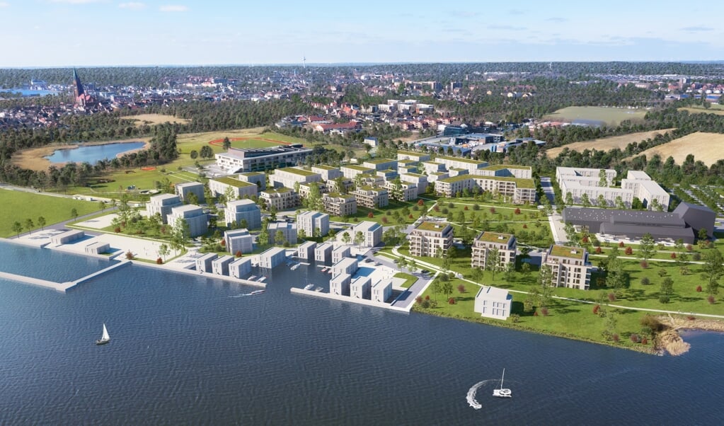 Ein Blick in die Zukunft des wachsenden Stadtteils »Auf der Freiheit«, wie ihn sich die Entwickler vorstellen. Eingebettet zwischen dem Kulturhaus »Heimat« (r.) und der A.P. Møller-Skolen (l.) soll »Schlie Leven« entstehen. Grafik: (hp&p-Gruppe)