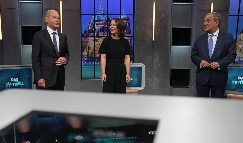 Die Spitzenkandidaten Olaf Scholz (SPD), Annalena Baerbock (Die Grünen) und Armin Laschet (CDU/CSU) trafen sich Sonntag Abend zum dritten und letzten TV-Triell bei ProSieben und Sat.1. (Kay Nietfeld/dpa)