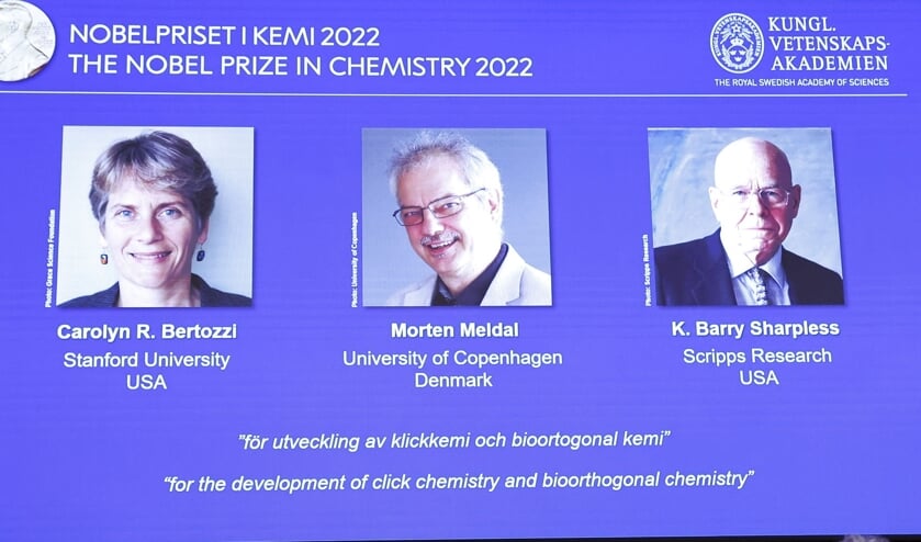 I midten af skærmen ses danske Morten Meldal, der sammen med amerikanerne Barry Sharpless og Carolyn Bertozzi får Nobelprisen i kemi 2022. (Arkivfoto).