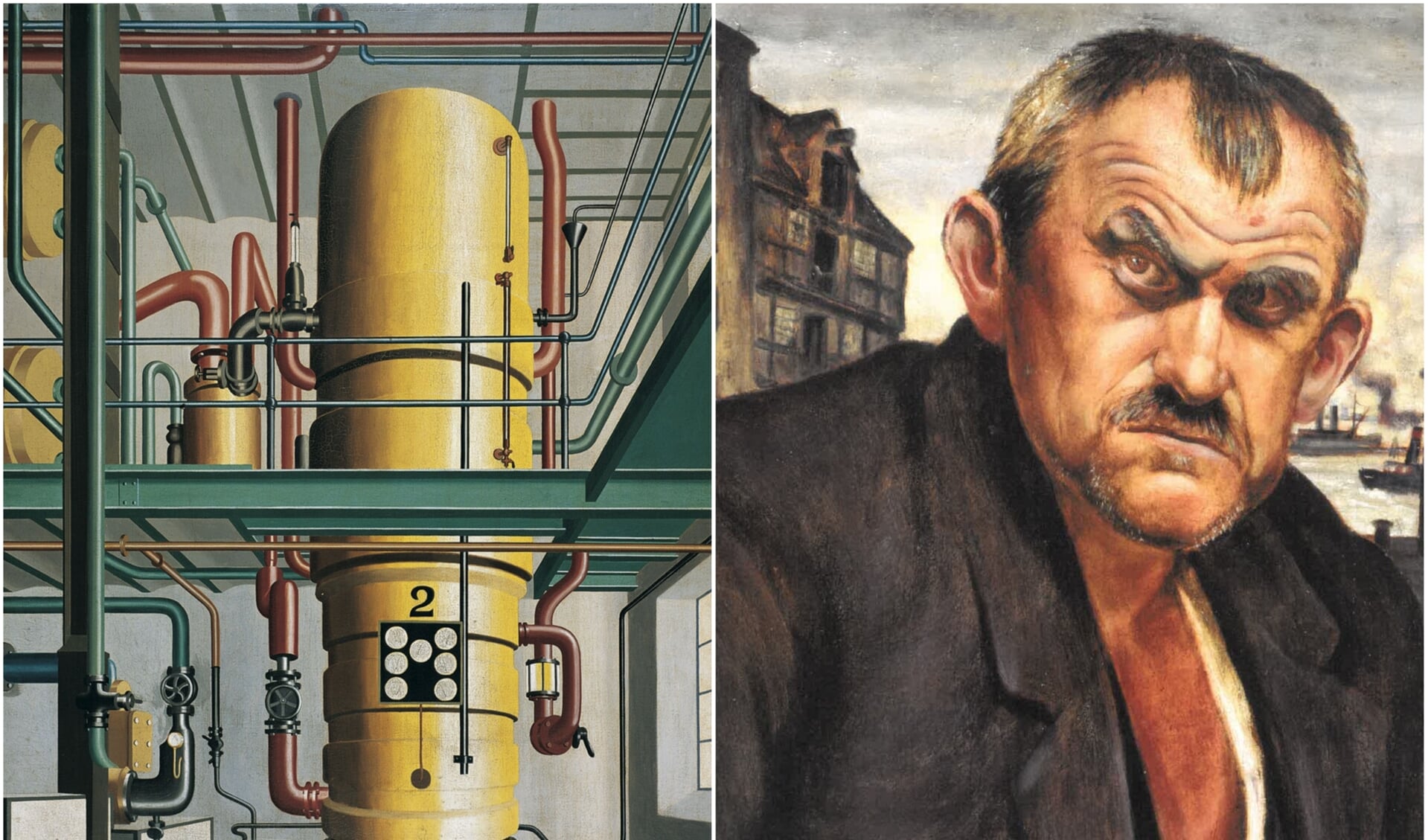 1920ernes Tyskland var præget af modsætninger, som vi i dag kan have svært vd at forestille os. På den ene side var der en kolossal teknologisk udvikling. På den anden side en afgrundsdyb fattigdom i især de tyske storbyer. Til venstre ses Karl Grossbergs maleri »Der gelbe Kessel« og til højre Heinz Hamischs portræt af en arbejdsløs havnearbejder.