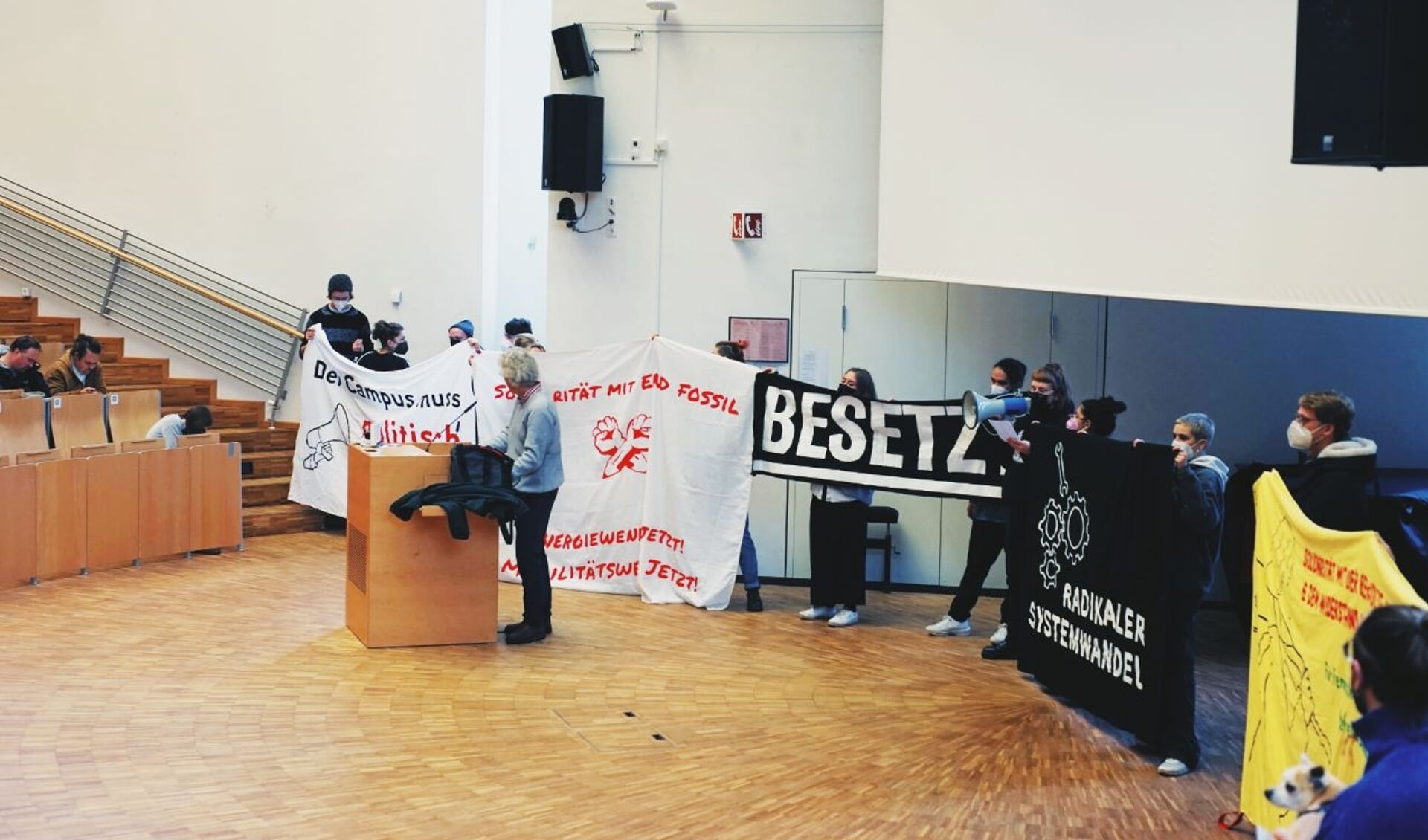 Mit Bannern machten die studentischen Klima-Aktivisten bei der Besetzung des Audimax auf ihre Forderungen aufmerksam. Foto: