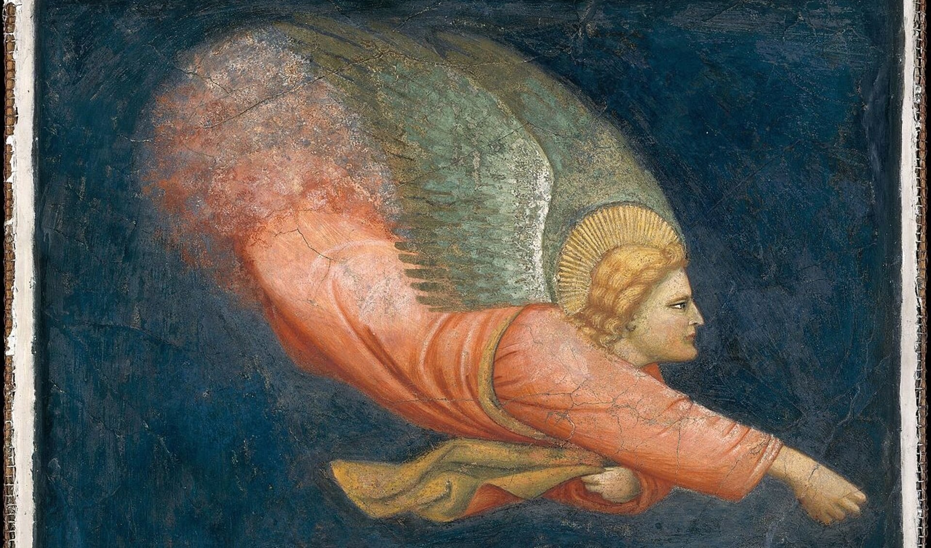 Detalje fra maleriet To engle. Ukendt norditaliensk kunstner fra det 14. århundrede. Maleriet befinder sig på Metropolitan Museum of Art i New York. 