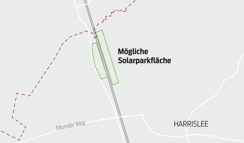 Erste Planungen: Beidseitig der Bahntrasse zwischen Harrislee und Padborg könnten Photovoltaik-Anlagen gebaut werden. Quelle / Grafik:  (Bauamt Harrislee / Kay Ohlsen)