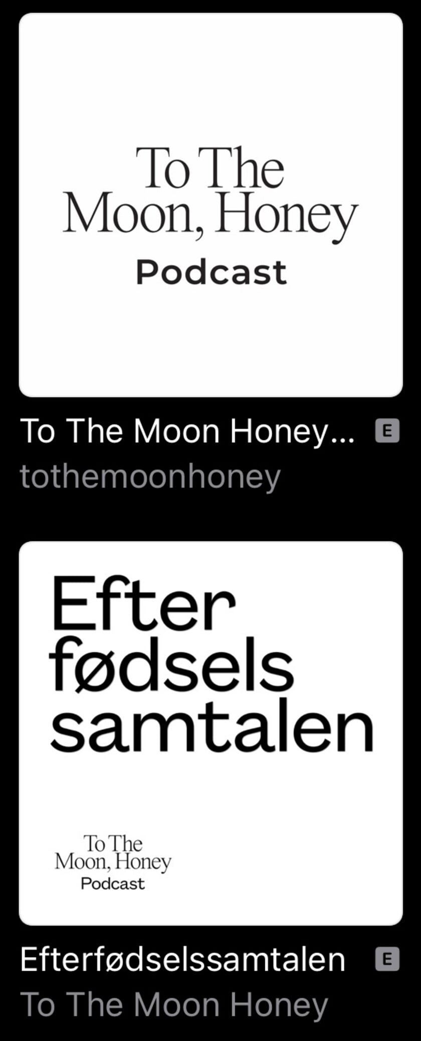 To the Moon, HoneyPodcastI podcasten »Efterfødselssamtaler« gør forholdsvis nybagte mødre status over det at blive gravid, at være gravid, fødsel og den første tid med et lille barn.Podcasten kommer blandt andet omkring emner som fertilitetsproblemer, fødselsdepressioner, tvillingegraviditeter og parforhold.