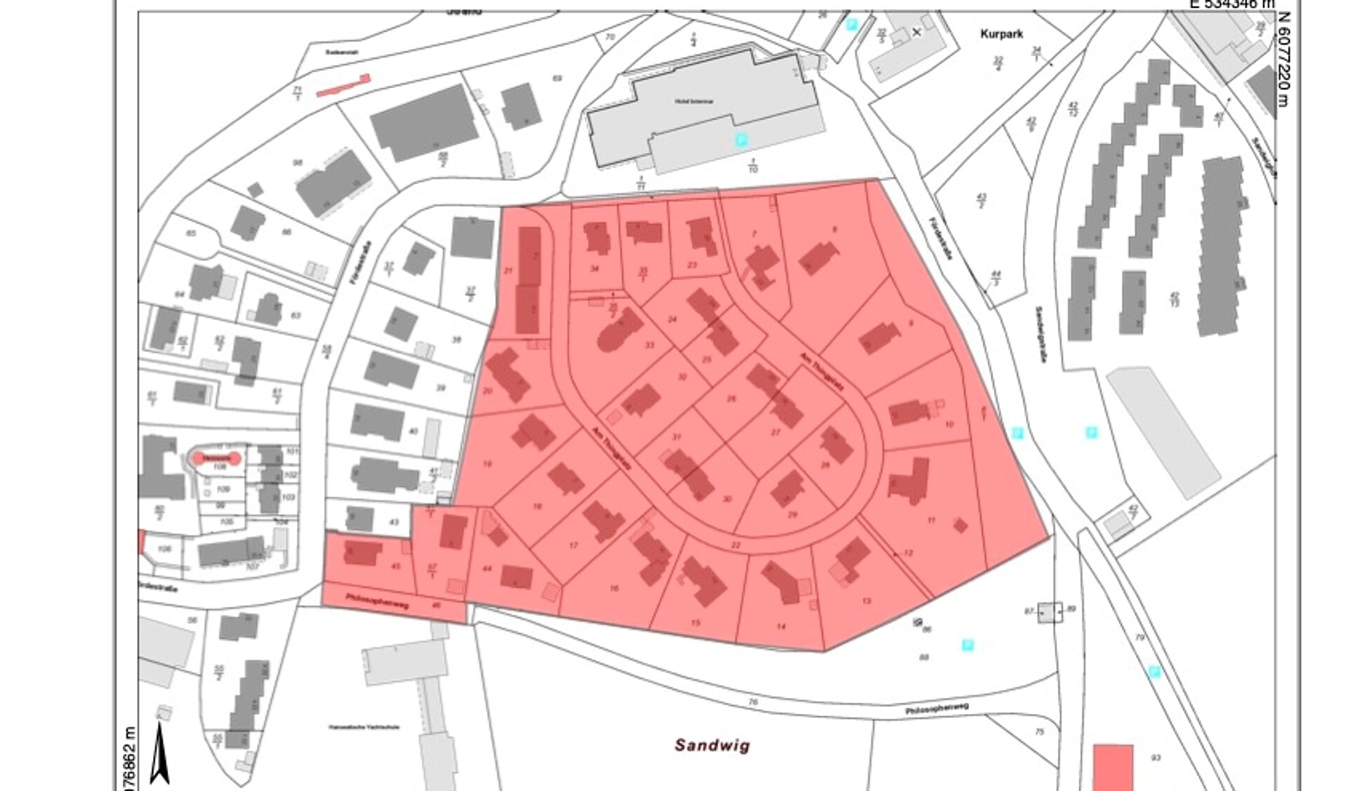 Lokalplanen for "Am Thingplatz" omfatter dette rødt markerede område. Grafik: