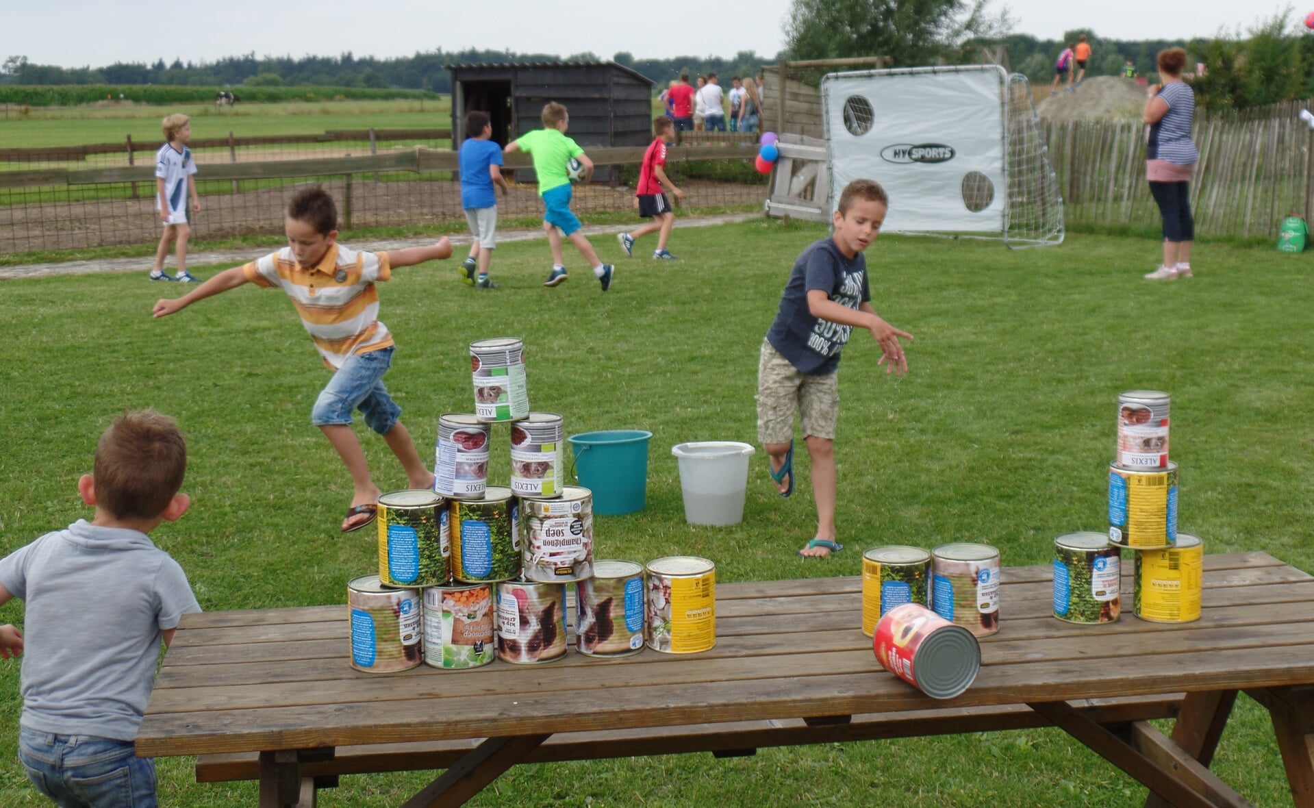 Enkele jeugdige bezoekers van het kinderfestijn bij activiteitenboerderij 't Dommeltje in Boxtel vermaken zich met blikken gooien. (Foto: Stefan Latijnhouwers).