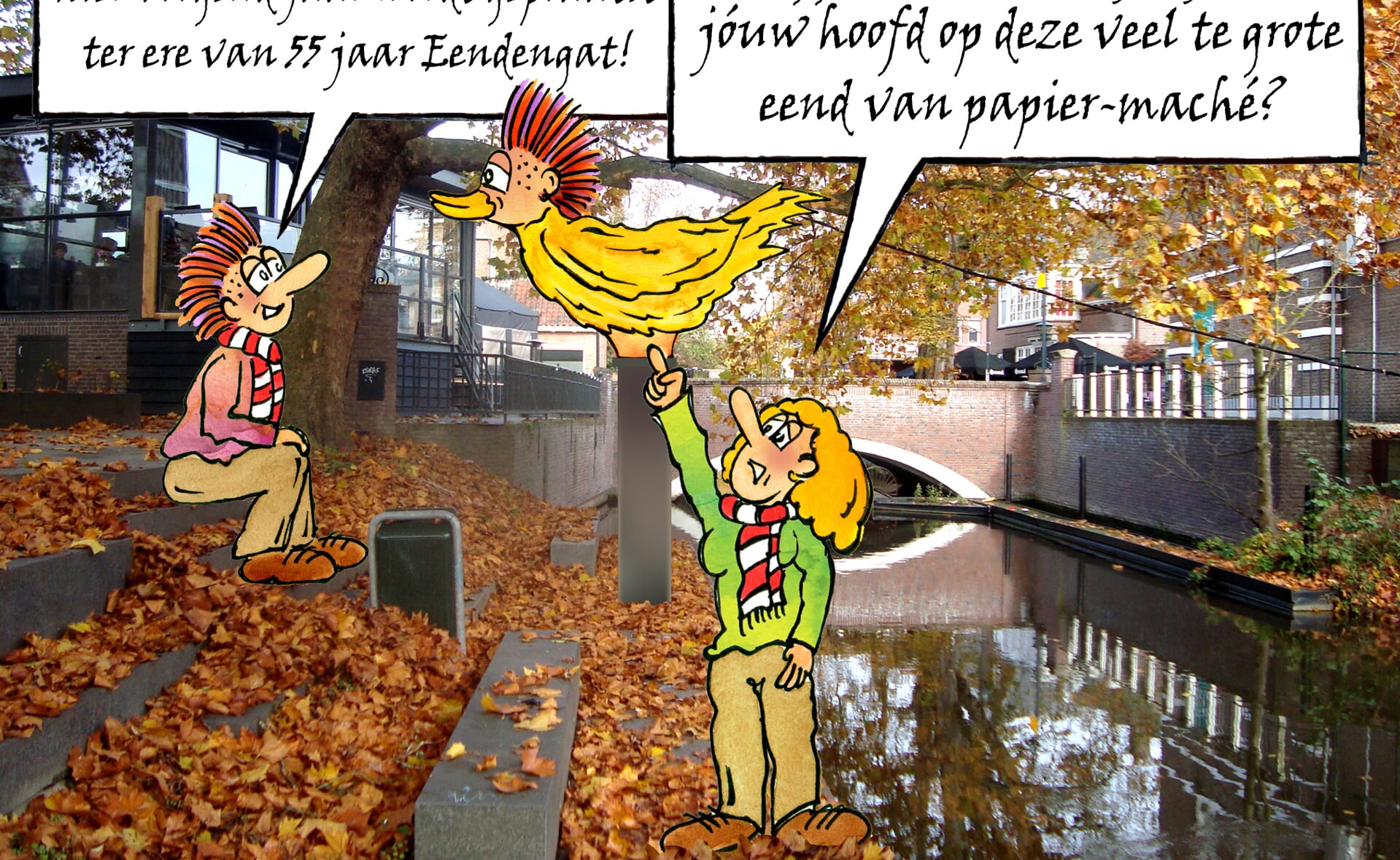 Marc Schoenmakers maakte deze cartoon over de ontwerpwedstrijd voor een Eendengats kunstwerk aan de oever van de Dommel. 
