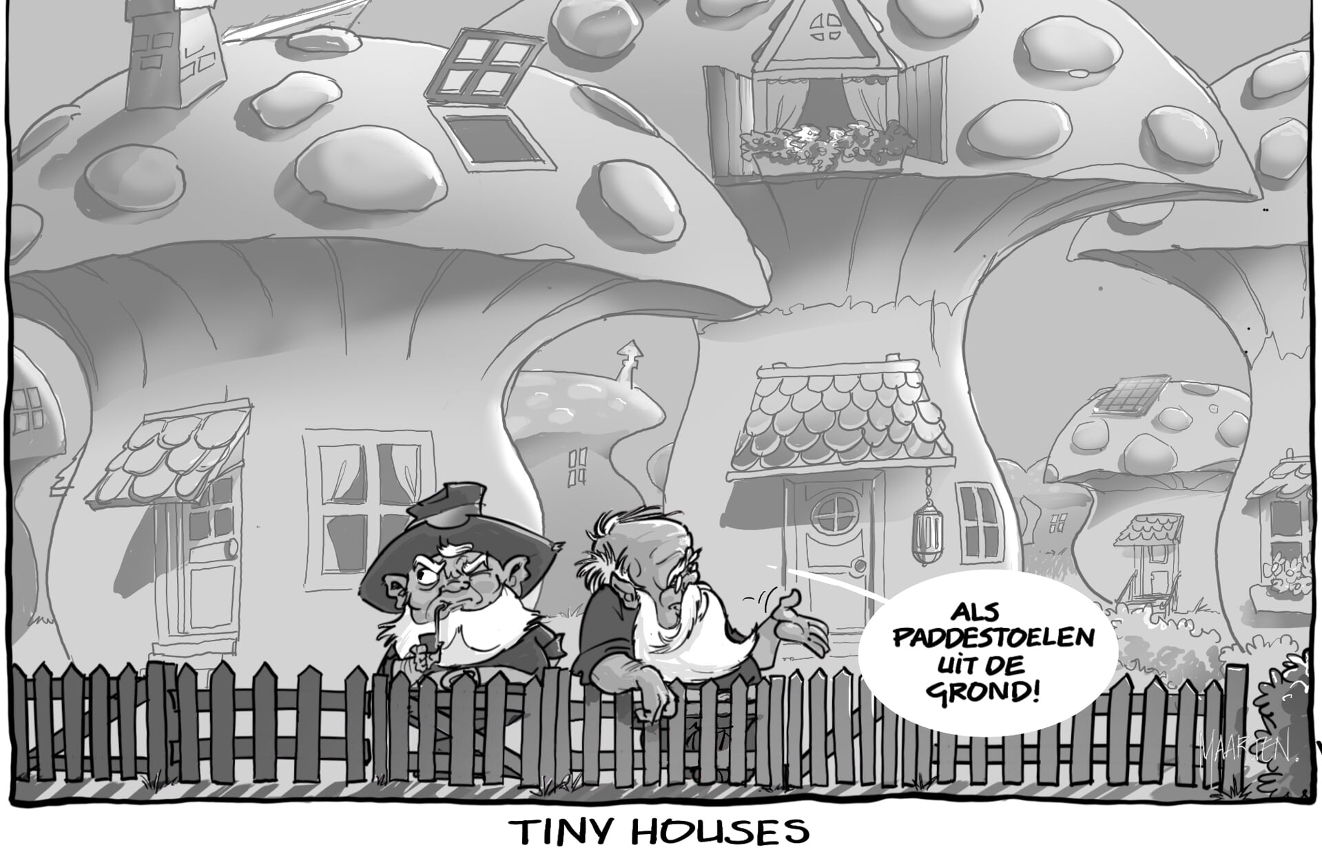 Voormalig BC-cartoonist Maarten Melis, zelf ook liefhebber van het tiny house-concept, bedacht in juni 2019 deze prent toen het onderwerp ter sprake kwam in onze krant. 