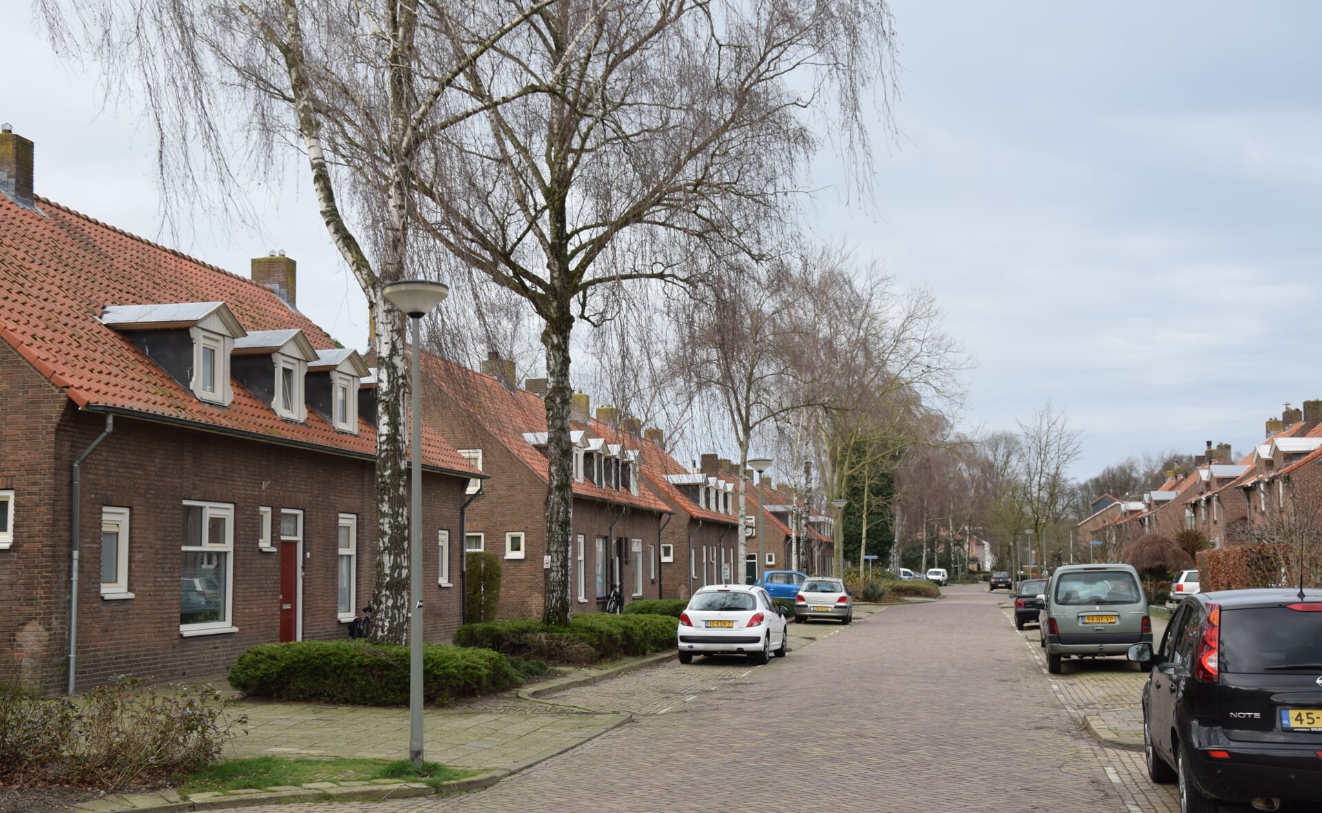Blik op de huurhuizen met oneven huisnummers in de Jan van Brabantstraat. De twee meest linkse blokken (huisnummer 17 tot en met 27) worden op termijn gesloopt om plaats te maken voor nieuwbouw.