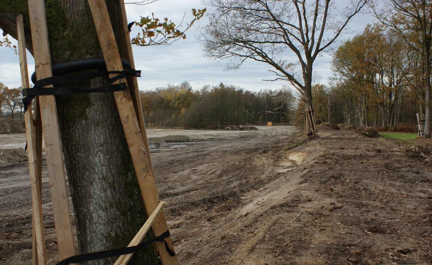 De in 1954 gegraven Heiloop nabij Banisveld is gedempt. De grond is onder meer afkomstig van de aarden wal die (rechts) naast de watergang ligt. Grote bomen blijven staan en worden tijdens de werkzaamheden beschermd. (Foto: Marc Cleutjens).