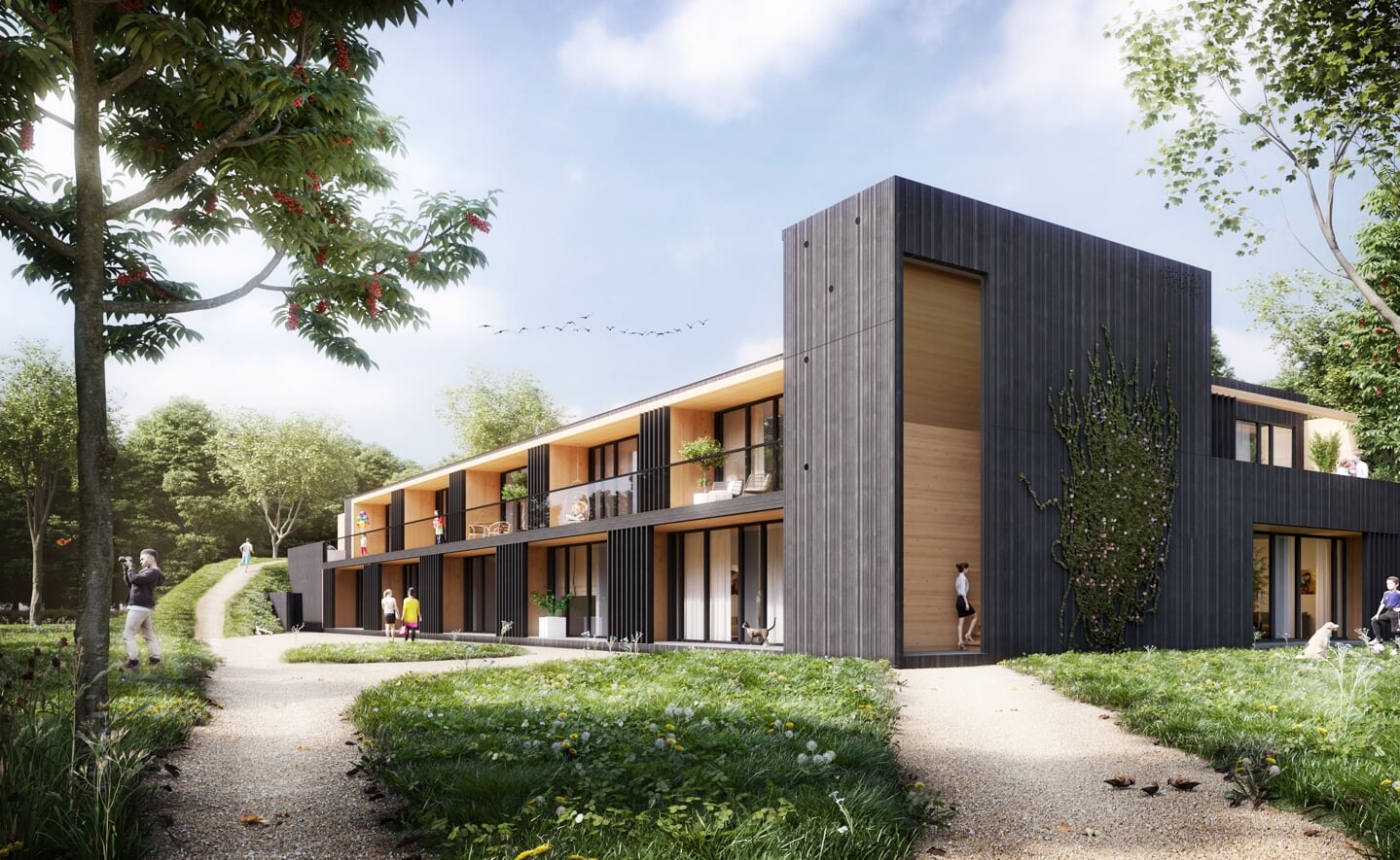 Impressie van het appartementencomplex bouwbedrijf Heijmans met Faam Architects uit Eindhoven ontwikkelde voor de Boxtelse woonstichting. De 22 duurzame en sociale huurwoningen worden gebouwd aan de straat Munselse Hoeve, op het terrein van De Kleine Aarde in Boxtel. (Afbeelding: eigen collectie). 