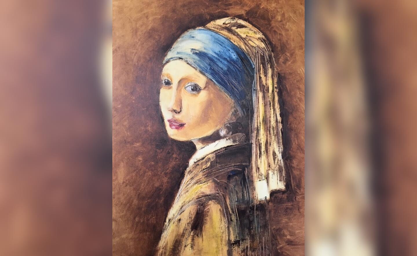 Mariëtte Oostermeijer maakte deze versie van Johannes Vermeers wereldberoemde portret dat in het Mauritshuis is te bewonderen. 