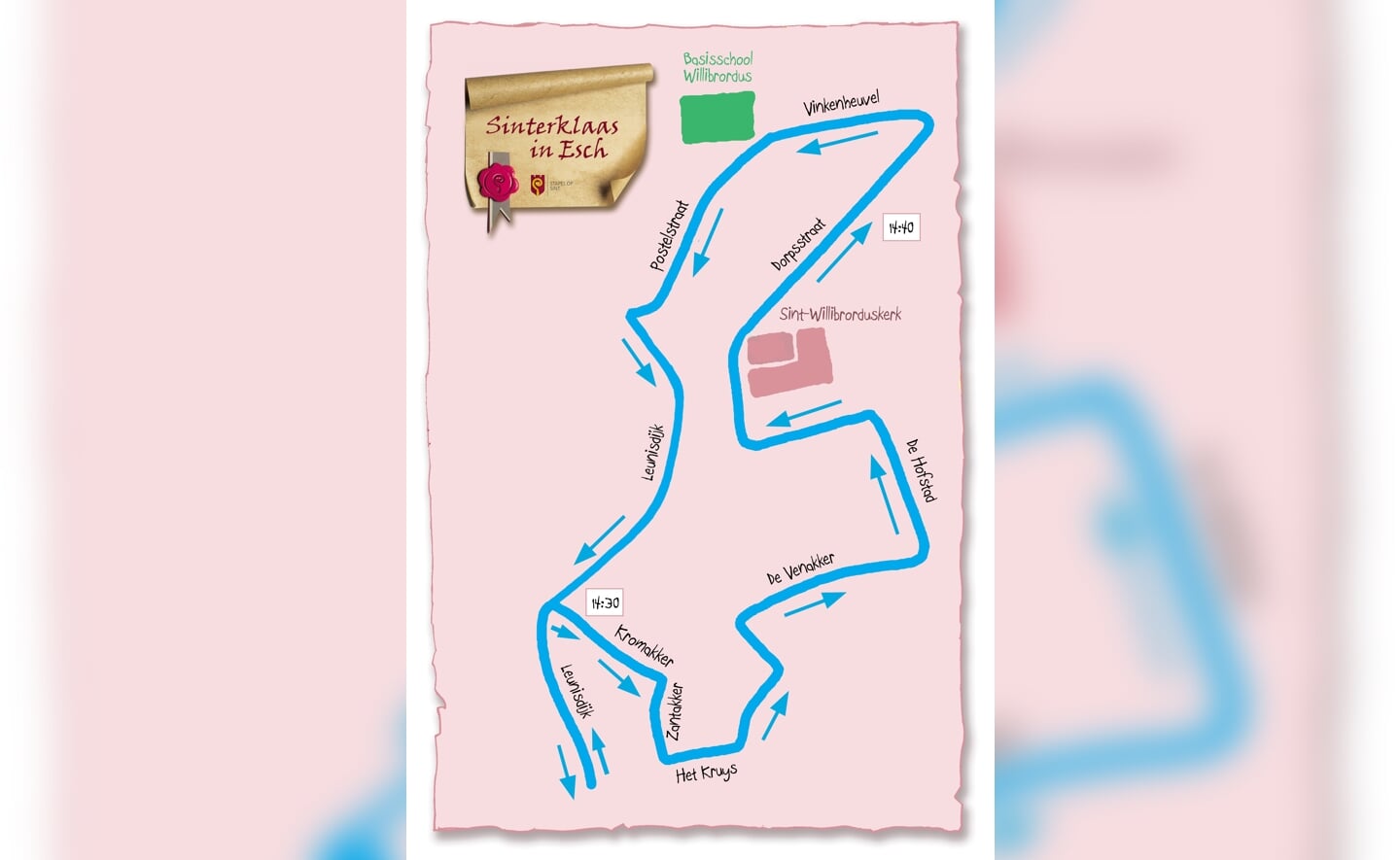 De plattegronden en tijdschema’s van de route die de Sint en Pieten zullen afleggen zondag. Let op: de plattegrond van Esch is net iets anders dan die in het Pietenboekje staat die kinderen op school hebben ontvangen. 