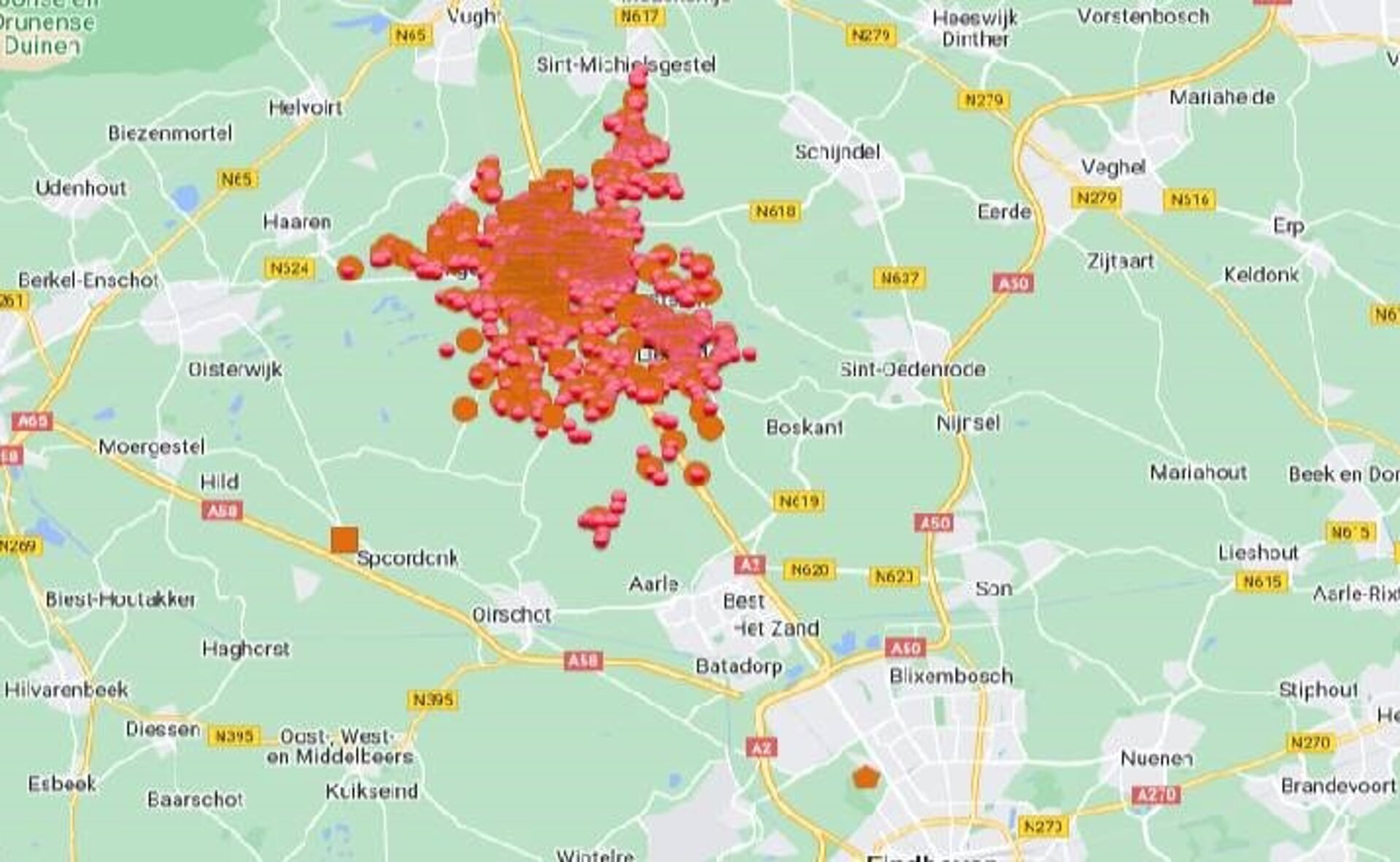 Enexis heeft alle meldingen van stroomuitval in Boxtel en omgeving in kaart gebracht. Het uitschakelen van de hoogspanningsmast heeft vooral de gemeente Boxtel geraakt.