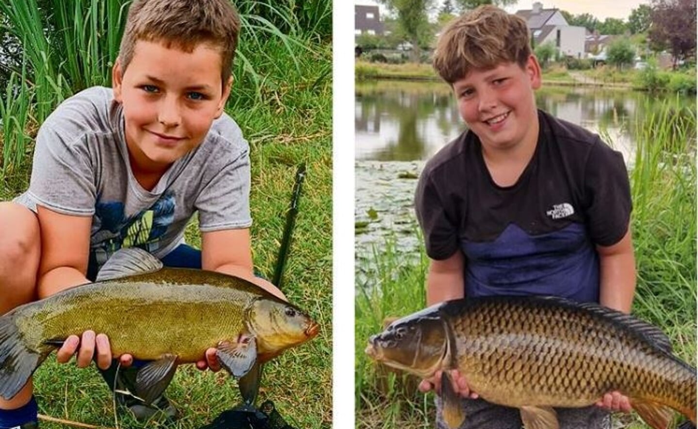 Thijs van Meersbergen (rechts) toont de schubkarper die hij ving in de vijver Vorsenpoel. Links broer Daan met de zeelt die hij aan de haak sloeg.