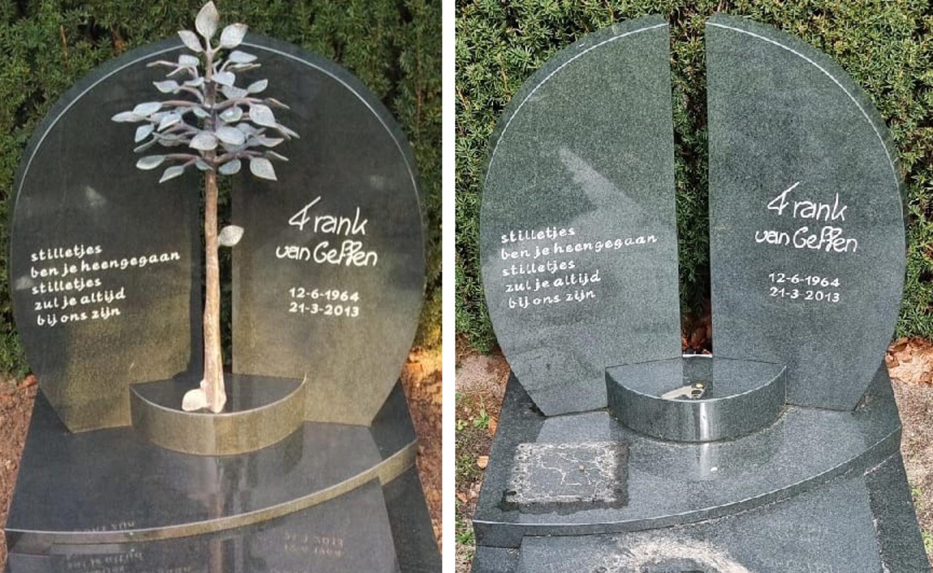 Het bronzen boompje ter nagedachtenis aan Frank van Geffen (links), is van diens graf op begraafplaats Munsel hoogstwaarschijnlijk gestolen (rechts).