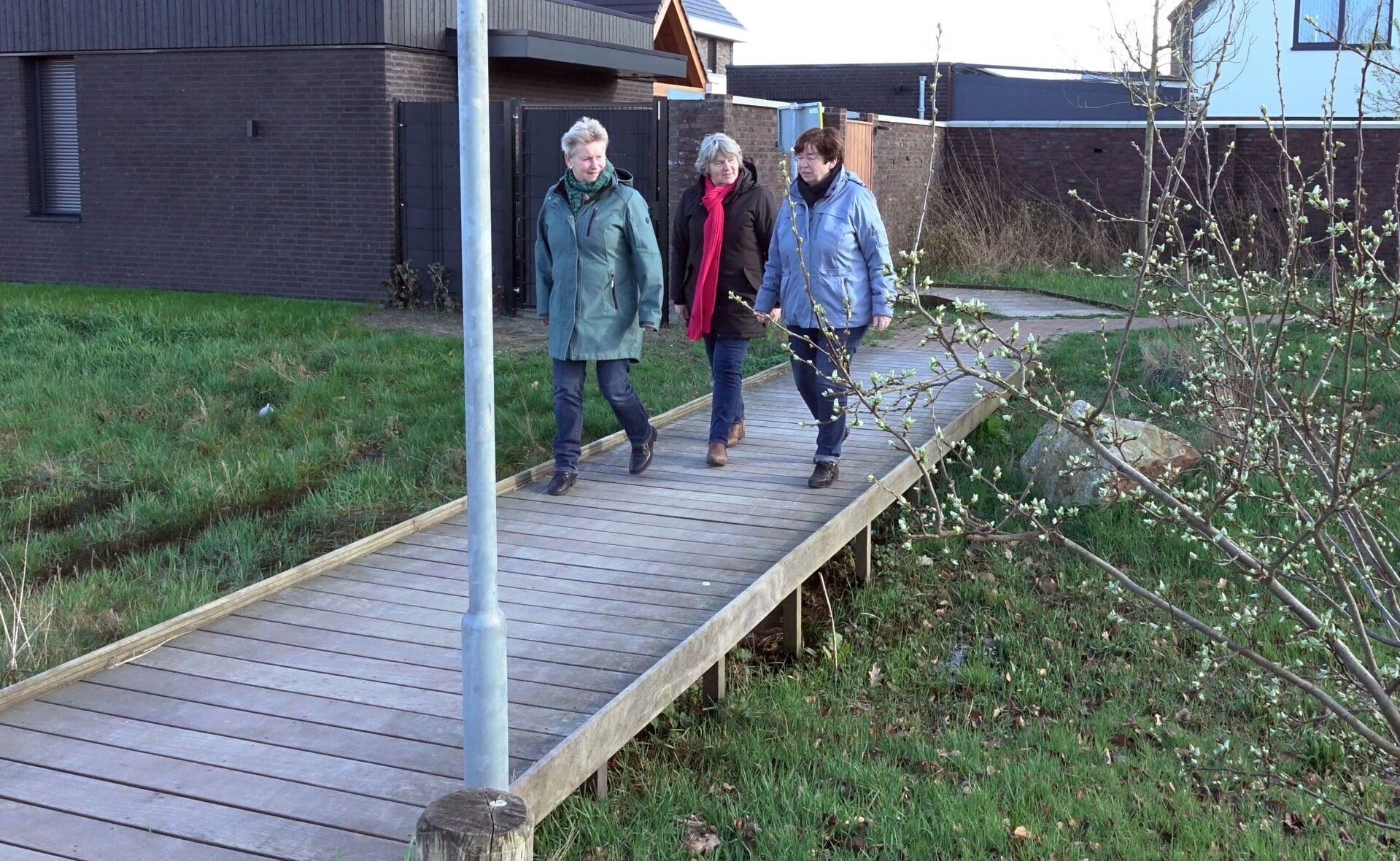 Werkgroepleden Corrie Steenbergen, Lia Vorstenbosch en Mieke Tak (van links naar rechts) lopen een van de drie ommetjes. De vlonderbrug in de nieuwe wijk Reigerskant krijgt nog een ruwer oppervlak, dan kan het bordje weg.