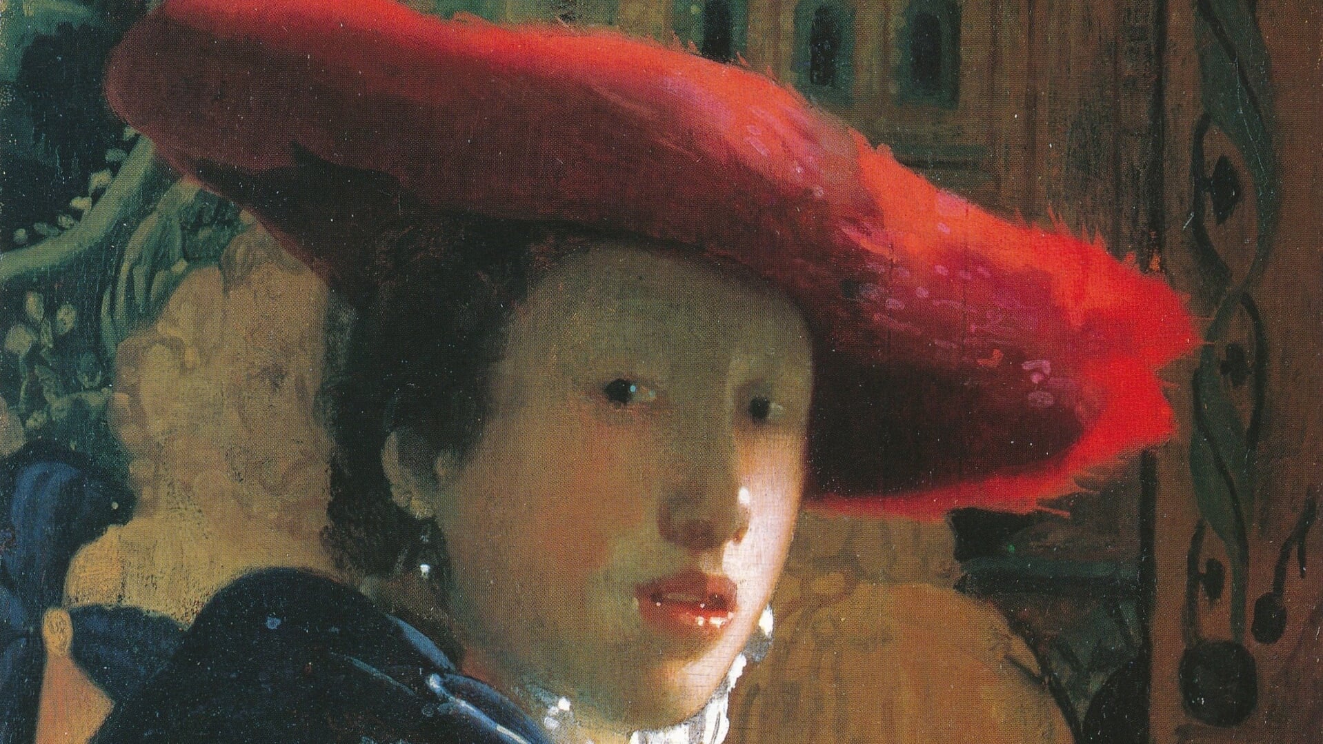 Fragment van 'Meisje met de rode hoed' van Johannes Vermeer.