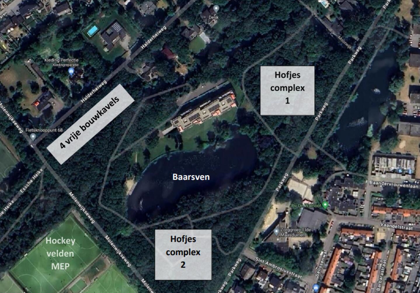 Een impressie van het bouwplan op landgoed Moorwijk. Er komen twee hofjes, één aan de Parkweg en één op de hoek met de Molenwijkseweg. 