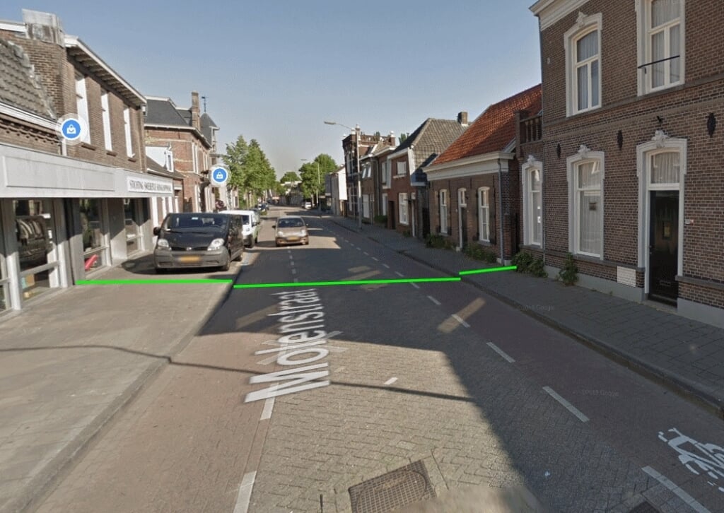 Ter hoogte van de groene lijn in de Molenstraat zou de weg naar de Dommelovergang gelopen kunnen hebben. 