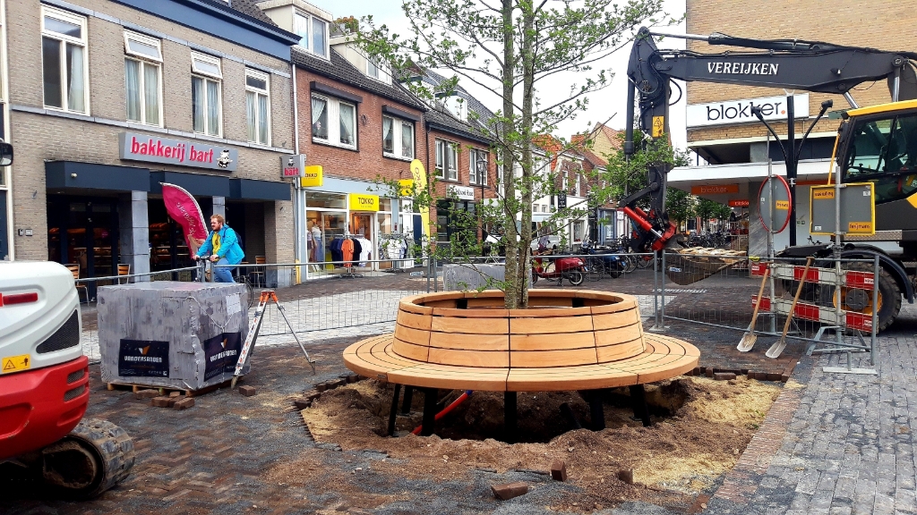 Woensdagochtend is een houten zitbank geplaatst rond de meerstammige els op de hoek van de Rozemarijnstraat. 
