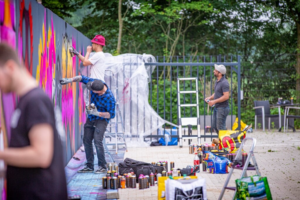 Een grijze afscheiding tussen twee bedrijfspanden werd zaterdag door graffitikunstenaars van Tunnel Vision Boxtel omgetoverd tot een kleurrijk kunstwerk. 