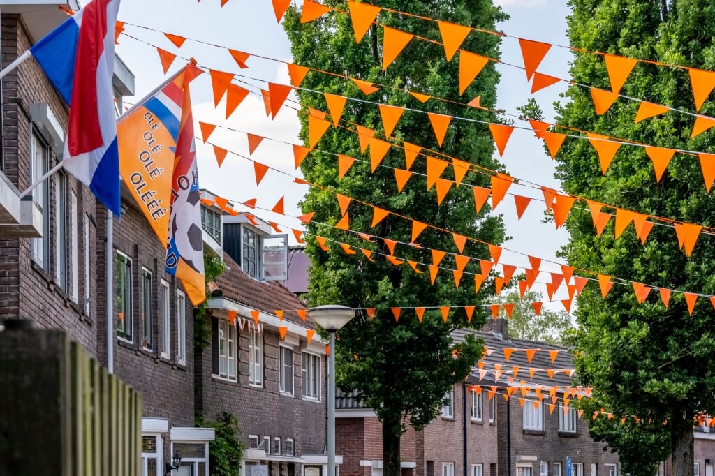 De vlaggen hangen ook buiten in de Van Merheimstraat. Het is echter nog wel de vraag of de vuilniswagen er onderdoor kan.